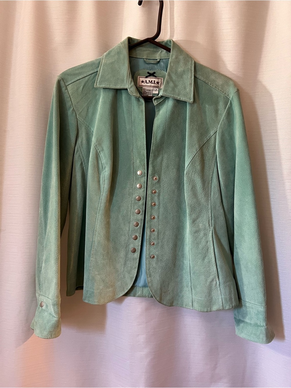 AMI Teal Turquoise Vintage 100% Leather Jacket Womens Size LARGE 90's Lined